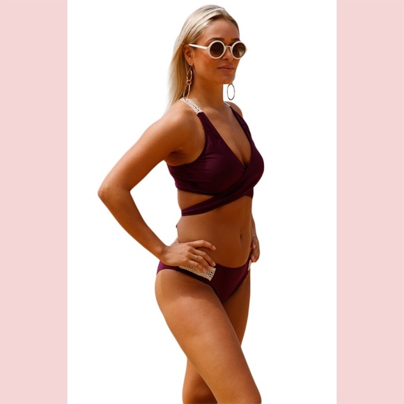Wine Red Crisscross Tie Bikini With Crochet Back - Picture 4 of 7